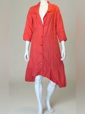 Kokomarina 100% Linen Red Shirt Midi Dress Sz Small Asymmetrical Hem Lagenlook